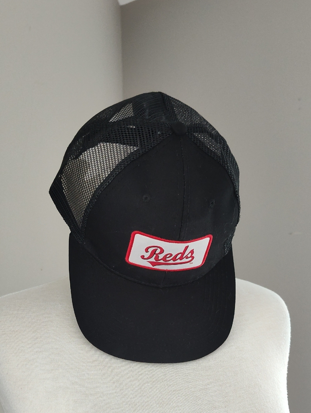 Cincinnati Reds Black Adjustable Trucker Cap with Colorful Patch
